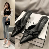 Elegant Wind Pointed Head Shallow Bow Thin Heel Show Thin Head Half Slippers Female Outside Wear Fashion Temperament Half