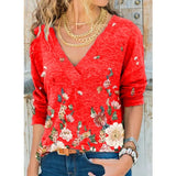 YX Women's Clothing Autumn and Winter New Fashion Women's V-neck Flower Print Long-sleeved Casual Loose T-shirt Plus
