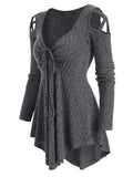 Long Sleeve Autumn Knitted Sweater Women Pullover Cold Shoulder Front Drawstring Ribbed Knitwear Solid Women