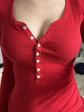 Solid Color U Neck Breasted Slim Long Sleeve Knit-Outfit
