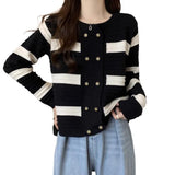 Zingj Autumn 2024 French Small Fragrant Wind Knit Cardigan Sweet Black And White Stripe Lazy Long Sleeve Jacket Women's Sweater-Outfit