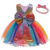 Princess Dress Bowknot Sequined Party Tutu Gown Kids Dresses For Girls Baby Casual Wear Rainbow Frocks Children