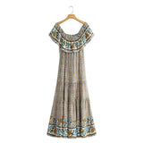 Queens Women Floral Print Short Sleeve Bohemian Dress Robe Ladies Off Shoulder Rayon Maxi Sundress