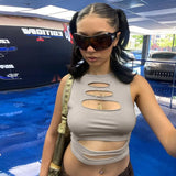 2022 Long Sleeve Crop Top See Through Brown Y2K Beach Casual 90s Sexy T Shirts Women Black Bandage Summer Tee