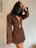 Turn-down Collar Button Women Two Piece Set Brown Long Sleeve Top High Waist Skirt Women Autumn Sexy Slim Office