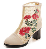 Zingj Boots Ankle Boots Embroidered Cloth Shoes Spring High Heels Velvet Canvas Thick Heel Plus Size Short Leg