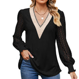Zingj New Autumn / Winter 2024 Women's V-Neck Lace Stitching Hollow-Out Long Sleeve Loose Jacket T-Shirt-Outfit