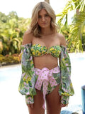 New Sexy High Waist Bikini Set Belt Bottom Swimwear Women Long Sleeve Bather Suit Beachwear Printed Biquini