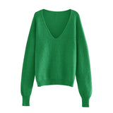 2021 Sexy Deep v-neck Sweater Off Shoulder Sweater Green White Knitted Tops Korean Winter