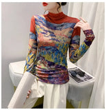 Women's Fashion Printing Long Sleeve Half High Neck Mesh T-shirts Female Positioning Flower T Shirt