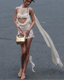 White Satin Cut Out Bralette Draped Mini Dress-Outfit