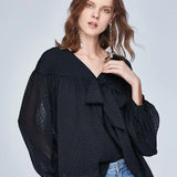 Summer Solid Shirts for Women V-neck Bow Loose Lantern Sleeve Women Blouse Casual Plus Size Office Lady Tops