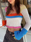 Autumn Long Sleeve Knitted Crop Top Summer Fashion 2021 Beach Patchwork Fashion Vintage Casual Sexy Green T