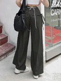 Grey Cargo Pants Korean Fashion Lace Up Pocket Low Rise Casual Pants Women Streetwear Sweatpants y2k Aesthetic