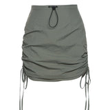 Grunge Punk High Waist Army Green Mini Skirts Y2K Streetwear Drawsting Bandage Ruched Pencil Skirt Slim Retro
