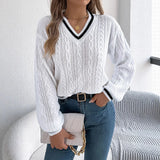 Autumn And Winter New College Style V-Necked Lantern Long-Sleeved Sweater Women's