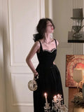 Wedding Party Black Velvet Midi Dresses for Women 2023 Autumn Square Neck Long Sleeves Evening Prom Mini Female