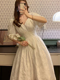 New Women Fashion Elegant White Solid Midi Lace Dress Lady Female A Line Party Clothes