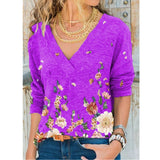 YX Women's Clothing Autumn and Winter New Fashion Women's V-neck Flower Print Long-sleeved Casual Loose T-shirt Plus
