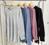 Zingj / Winter 2024 New Round Collar Pit Strip Solid Color Casual Long-Sleeved T-Shirt Top-Outfit