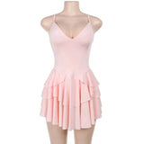 Open Back Strap Ruffled Layered Mini Dress- Outfit