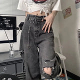 And Winter Women Bottoms Black Vintage Fashion High Waist Jeans Ripped Baggy Wide Leg Pants Street Straight Denim