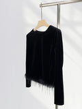 Zingj Pull Full Feather Decorative Atmosphere Top Early Spring New Black Velvet French Long-Sleeve
