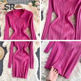 Women Sexy Sweater Dress Turndown-Collar Long Sleeves Elastic Pencil Dress Autumn Button Bodycon Stripe knitted