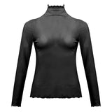 Retro T Shirt Sexy See Through Solid Color High Neck Fashion T Shirt Temperament Ladies All Match T