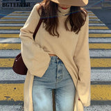 Fashion Turtleneck Split Long Women Sweater 2020 Autumn Winter Knitting Tops Elegant Loose Female Knitted
