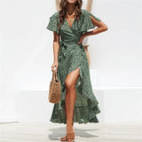 Beach Maxi Dress Women Floral Print Boho Long Chiffon Dress Ruffles Wrap Casual V-Neck Split Sexy Party Dress