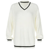 V Neck White Casual Sweater Women Preppy Style Korean Long Sleeve Jumpers Ladies High Street Autumn Winter