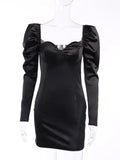 Puff Sleeve Mini Dress Square Collar Sexy Folds Fall Bodycon Party Elegant Office Lady Clubwear Christmas Dress
