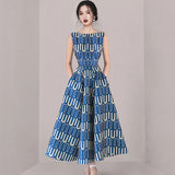Summer Midi Dress Runway Fashion Women Blue Sleeveless O-Neck Geometry Printing High Quality Big Wing Office