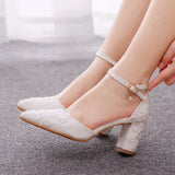 Cm Square Thick Heel Sharp In The Hollow Sandals Spring Square Side Light Female Shoes White Lace Net Bride High