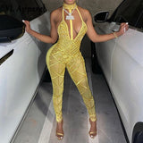 Women Halter Hollow Out Backless Jumpsuit 2022 Summer Yellow Off Shoulder Bodysuit Overall Nightclub Wear Outfits