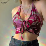 Holiday Top 90s Vests Paisley Printed Crop tank Top y2k Aesthetic Halter Top Ruched Tie Up Camis Women Vintage