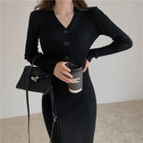 Autumn Winter Women's Woolen V-neck Knitted Party Long Sleeve White Bodycon Casual Dress Elegant Ladies Dresses