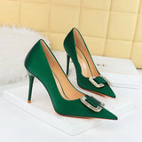 Zingj Fashion Banquet High Heels Fine Heel Shallow Pointed Satin Metal Water Diamond Buckle Single Shoe