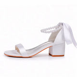 Cm Square Heel Sandals Shallow Mouth With Thick Heel Sandals White Beads Drifted Sandals Bride Wedding