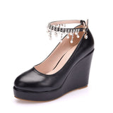 Cm White Round Head Water Table Slope Single Shoes Women Pearl Beads Supo Heel Shoes Large-Size High Heel Single Shoes