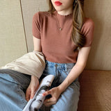 Summer Knitted Sweater Pullovers Short Sleeve Turtleneck Thin Sweater for Women Female Slim Jumper Office Lady