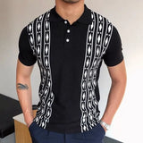 Fashion Men Short Sleeve Slim Polo Shirt Vintage Pattern Print Patchwork Knit Polo Shirt Men Casual Button Lapel