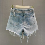 Spring Summer New Elegant Shorts Lady Tassel Beading High Waist Wide Leg Denim Shorts Female Casual Solid