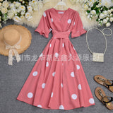 Zingj Big Wave Point Foreign Air Horn Short Sleeve Temperament V Neck Tie Closed Waist Show Thin Long Dress Female Summer