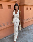 Crochet Hollow Out Knitted Slim Maxi Dress Women Sexy V-neck Backless Sleeveless Robe 2024 Summer Lady Fashion