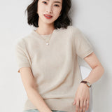 Zingj Female Round Collar Loose T-Shirt Inside Build Sweater Spring Autumn Base Outside Wear Short Sleeve Hair-Outfit