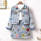 New Large Size Embroidery Epaulet Denim Jacket Coat + Mini Jean Skirt Outfits Fashion Women Suit Office Two Piece Set