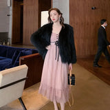 Vintage Midi Dress Women Puffer Sleeve Square Collor Office Elegant Dress Female Autumn Dot One Piece Dress