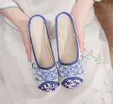 Zingj Round Head Embroidered Cloth Shoes Beef Tendon Bottom Flat Bottom Soft Bottom Canvas Slippers Female Ethnic Wind Blue And White
